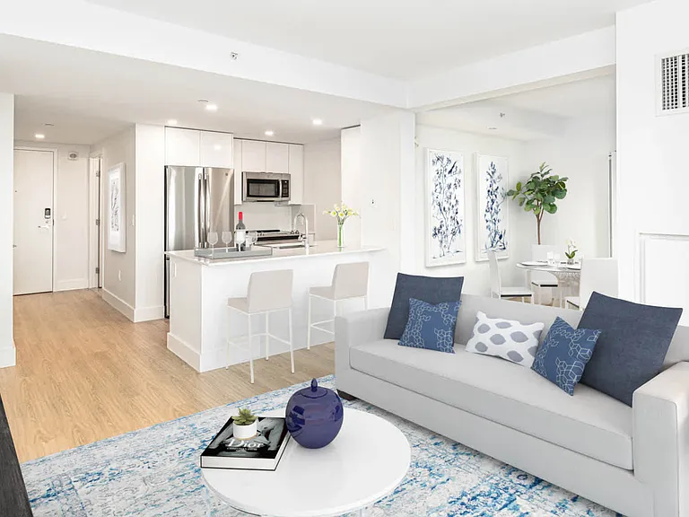 Kitchen and Living Room with Hardwood Flooring