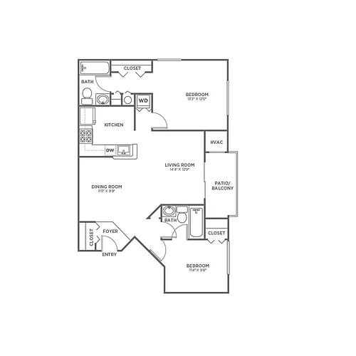 Floor plan Two Bedroom Two Bath (937 SF)