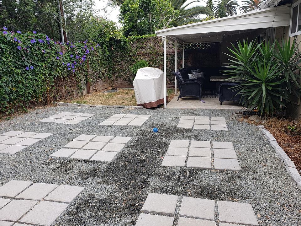 Backyard looking toward patio and back door.