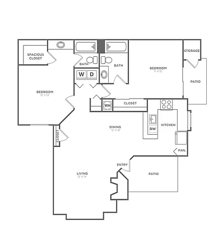 Floor plan Two Bedroom Two Bath (995 SF)