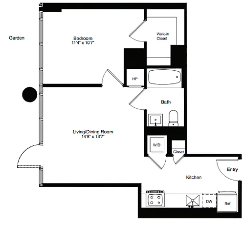 Floor plan One Bedroom L 1 with Garden Access