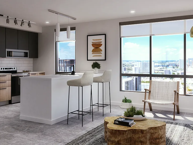 Modern Kitchen with State-of-the-art Whirlpool_ Appliances Beautiful Light Fixtures & Spacious Living Room Area with a View | Apartments for Rent in Downtown Miami | Grand Station