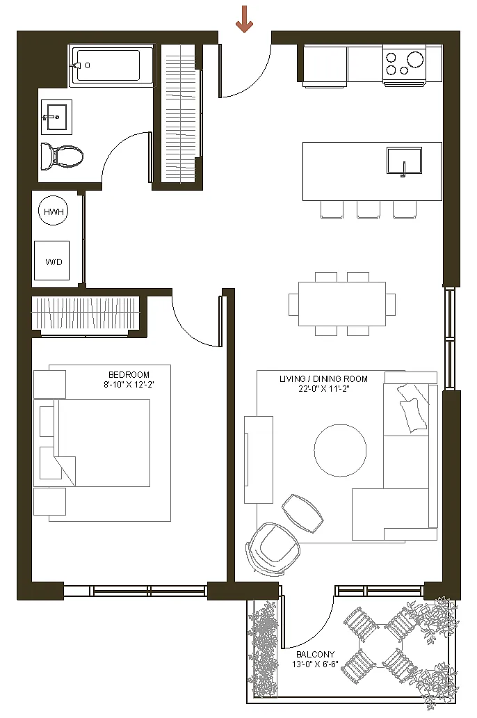 Floor plan 1B-1B W Balcony