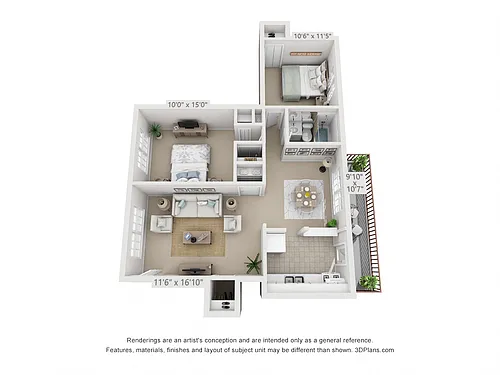Floor plan 2 Bedroom, 1 Bath D (Patio/Balcony)