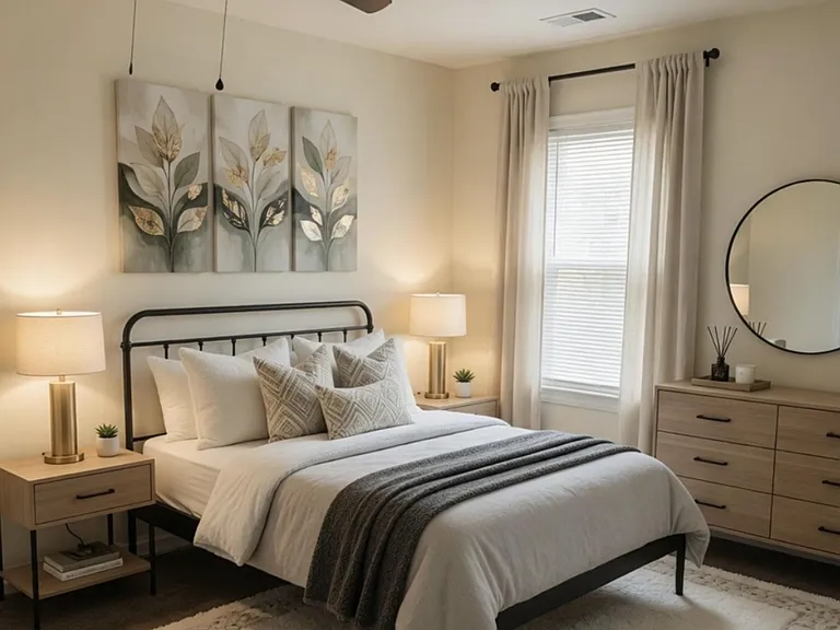 Well-appointed bedroom with a full bed, matching nightstands and lamps, dresser storage, and a window with curtains.