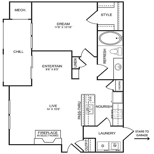 Floor plan 1 Bedroom, 1 Bathroom, Garage 798 SF 11AG