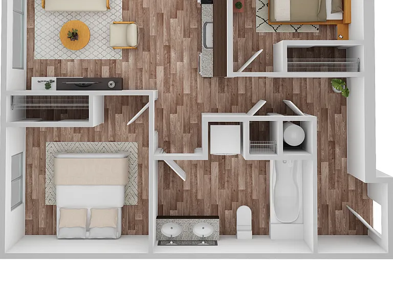 3D Floor Plan Rendering of the Arizona Two-Bedroom, One-Bathroom Layout. 775 square feet 3D Floor Plan Rendering of the Arizona Two-Bedroom, One-Bathroom Layout. 775 square feet
