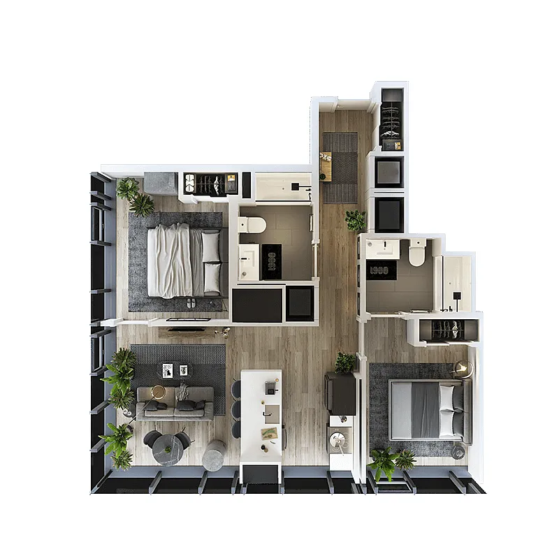 Floor plan 2 Bed-2 Bath-T-1