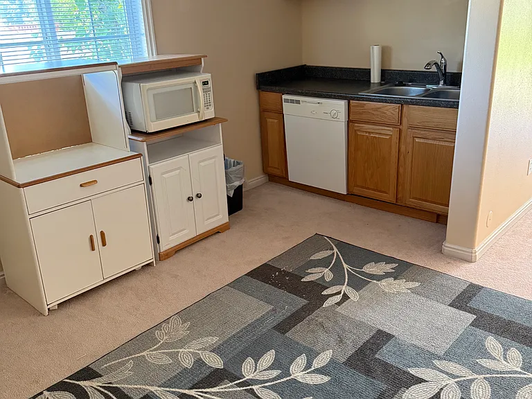 kitchen with microwave and window view