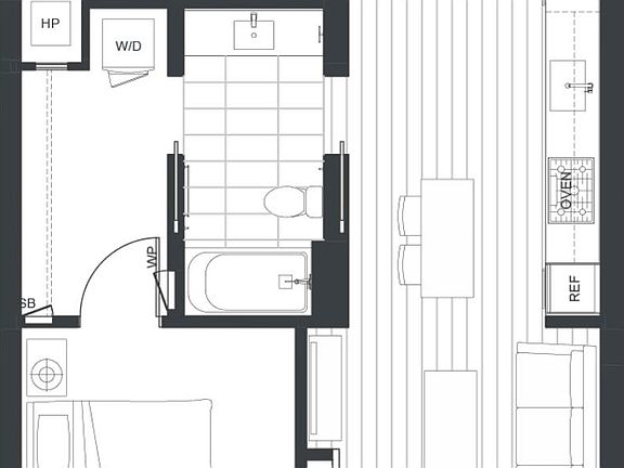 Floor plan of the apartment. One bedroom with in closet W/D in unit. A den, which can be converted into an office or a second bedroom.Living area, kitchen with high-end appliances and an island.