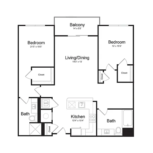 Floor plan Two Bedroom/Two Bath (2M-A) Balcony