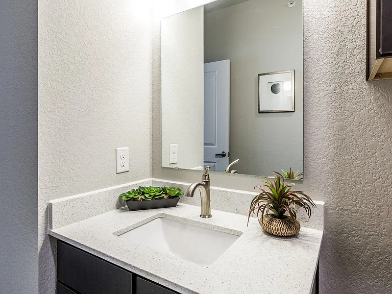 Second bathroom with wood-style flooring and standing tub/shower