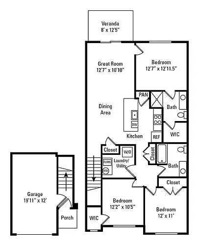 Floor plan 3B/2BTH AA