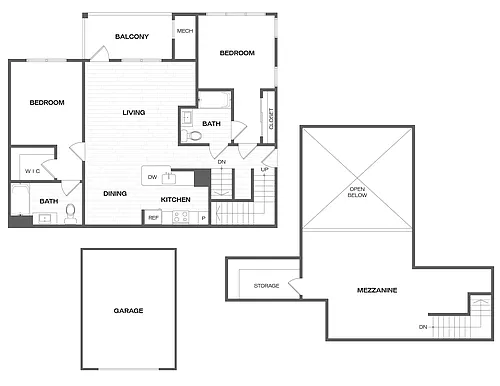 Floor plan 2 Bed/2 Bath Loft-B3L