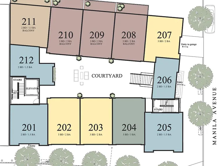The courtyard level has 12 Two-Story Townhouses wrapped around the Mediterranean Courtyard. Each has a private entrance directly from the courtyard. Here's the color key.
Yellow units are 3 bdrm/2 bath, Mauve units are 3 bdrm/2 bath with a private exteri