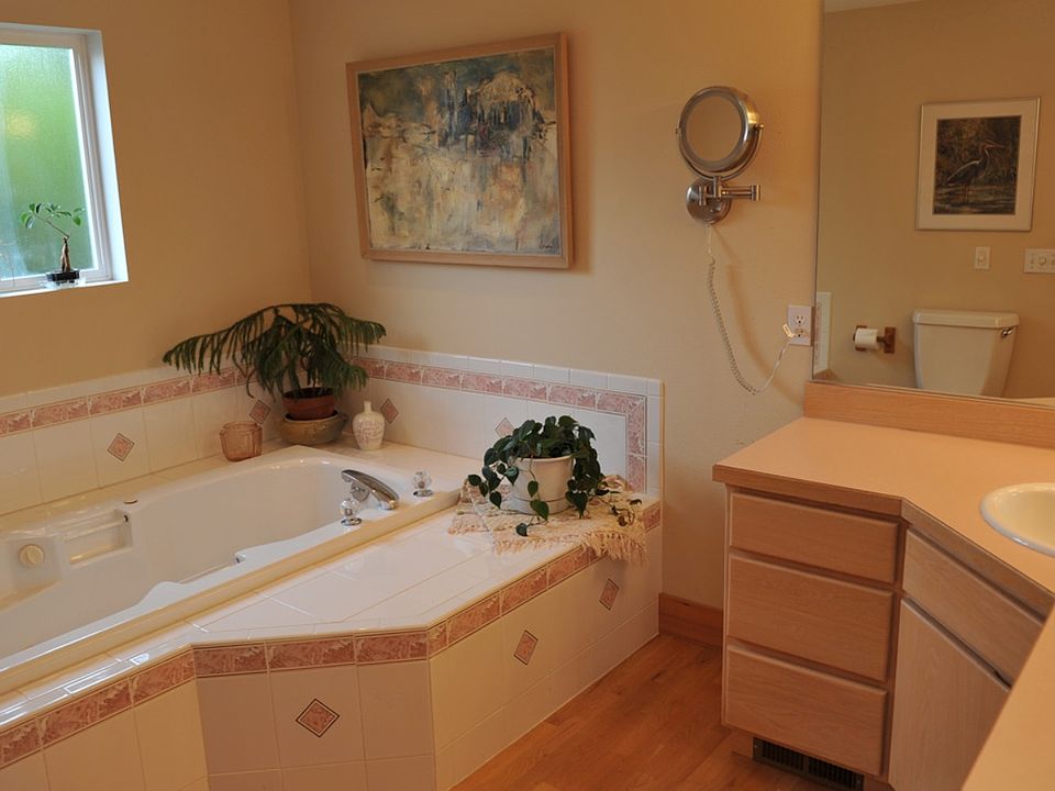 Luxurious soaking tub in master suite.