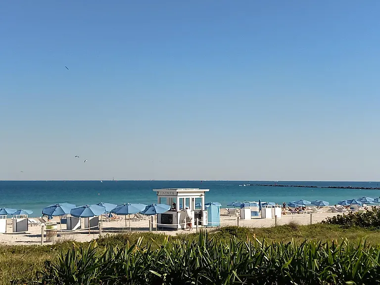 beach view with beach club chairs and cabanas