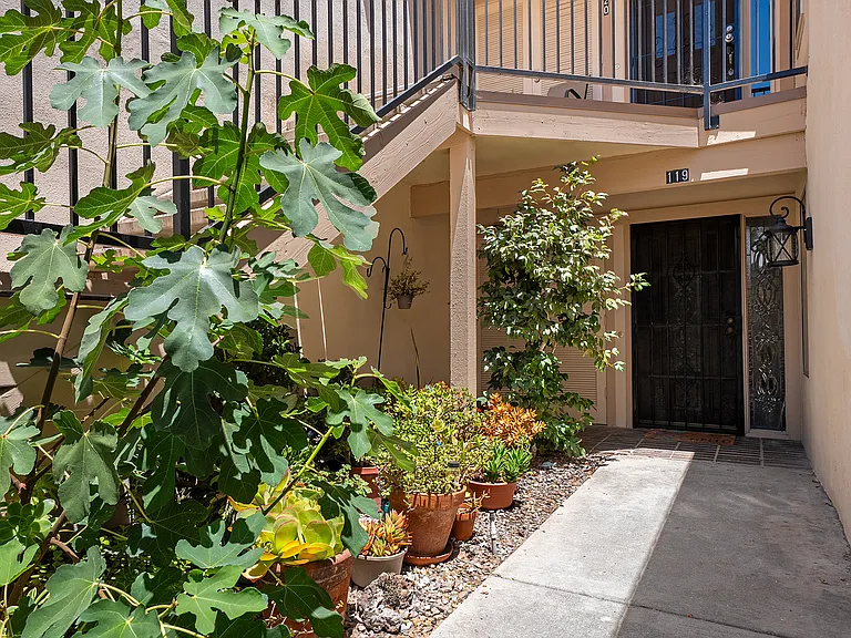 The main entrance of the lower unit, separated by only 5 steps from the ground level covered parking spot.