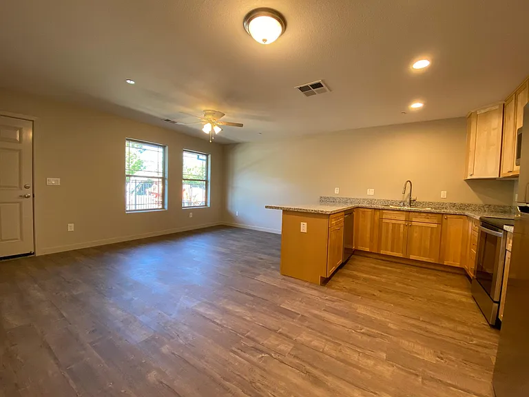 Light and open living room, kitchen and dining area floor plan