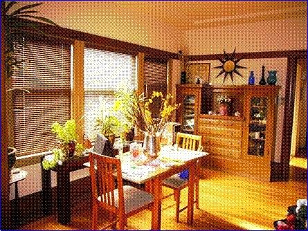Dining with built ins and hardwood floors