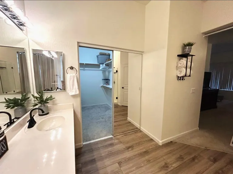 Primary bedroom large walk-in closet with mirror doors.