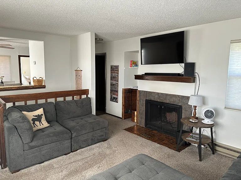 Living room has wood burning fireplace and smart TV.