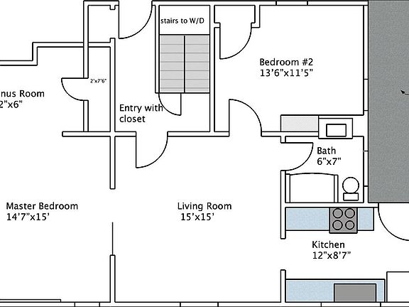 Layout with room dimensions. (The layout of this apartment would also work perfectly as a one bedroom using "bedroom #2" as the single bedroom and leaving the large pocket doors open between the two large rooms.)