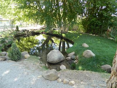 sitting area by pond