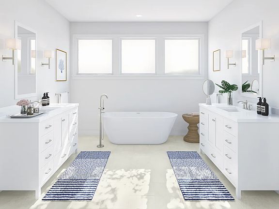 Primary bath with freestanding vanities tub