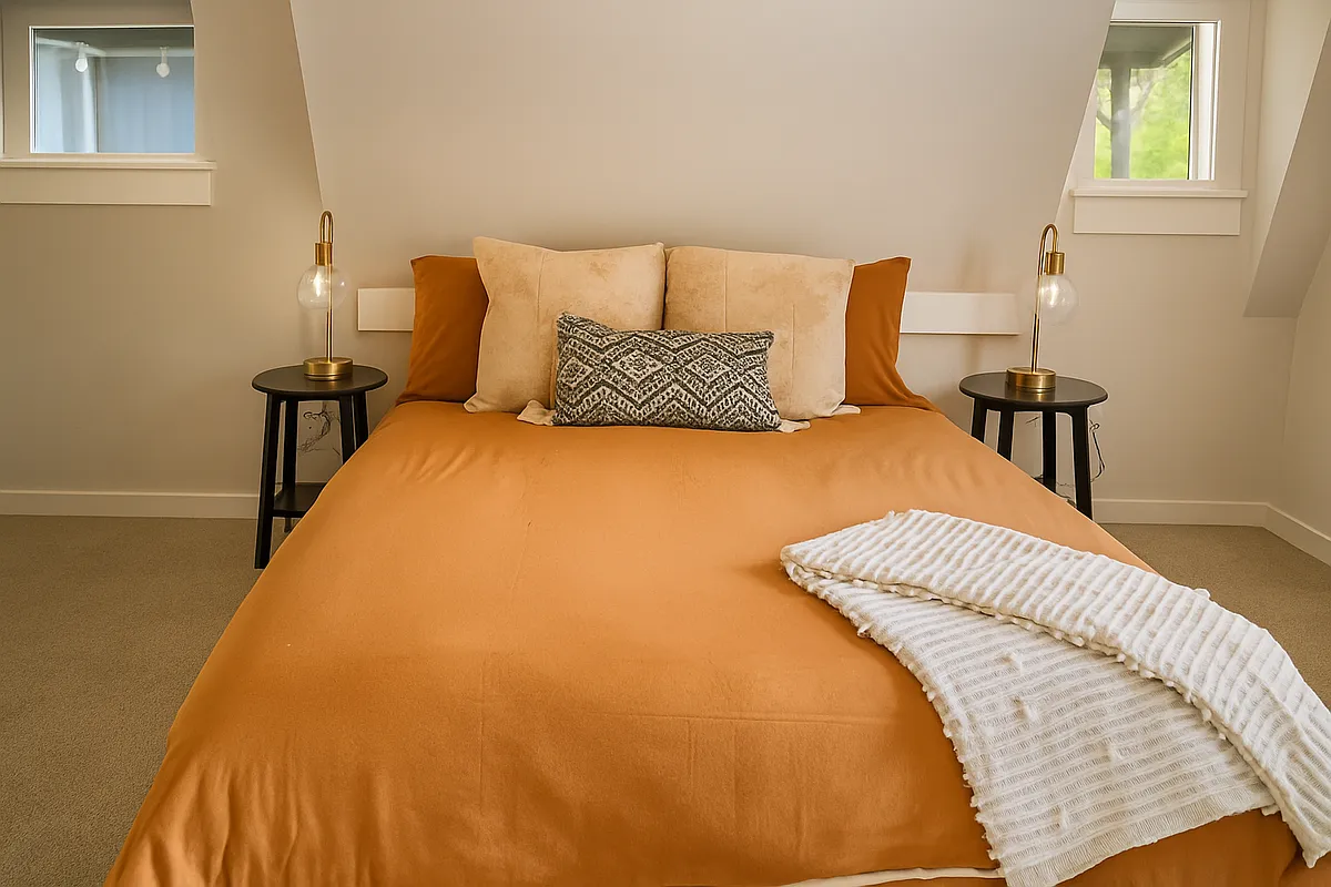 Relax in this cozy bedroom, featuring a plush queen bed and warm, earthy tones_perfect for a restful night's sleep - 41 E Alderney St