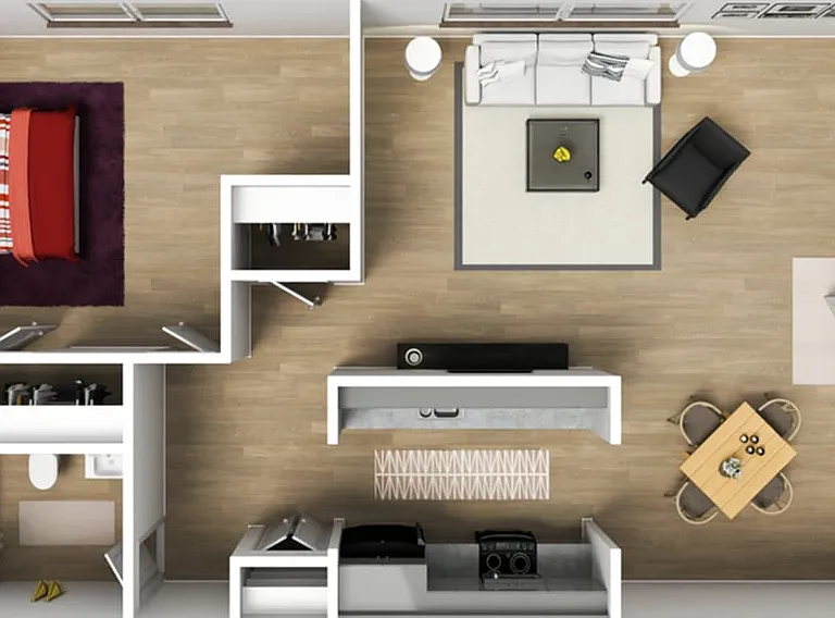 Modern 3D floor plan showcasing a sleek one-bedroom apartment with open-concept living room, stylish kitchen, and elegant bathroom design. Modern 3D floor plan showcasing a sleek one-bedroom apartment with open-concept living room, stylish kitchen, and el