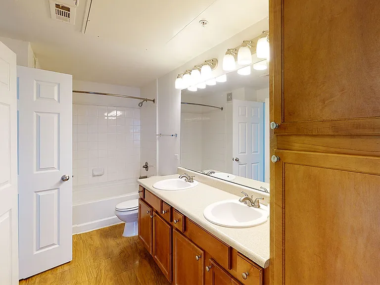 Apartment bathroom with wood-style flooring.