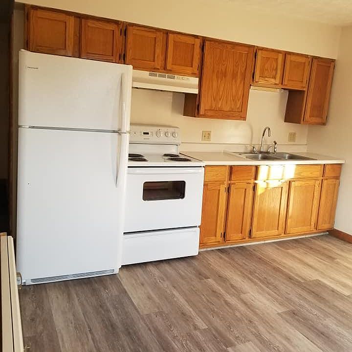 Bright sunny kitchen with new floors and cabinets