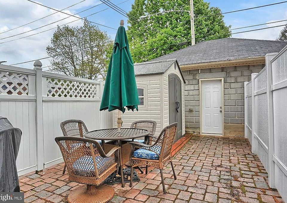 fenced area with storage shed