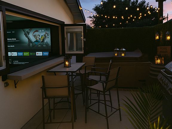Jacuzzi and bar area at night with Movie Theater in living room in the view (Movie Theater is not included)