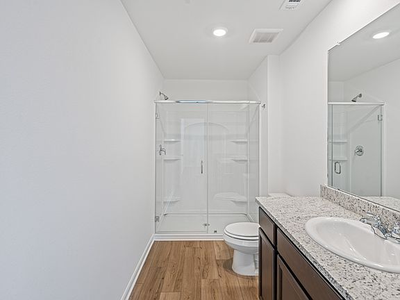 Master bathroom with a walk-in shower and granite countertops.