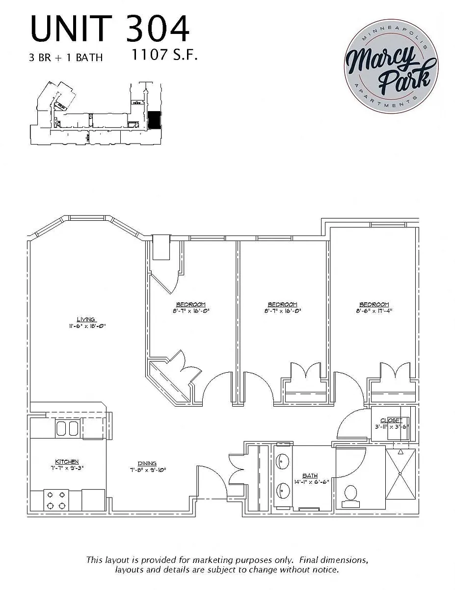 Floor plan 3 Bedroom 1 Bath (304)