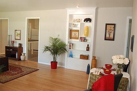 built-in bookcase adds drama to the room