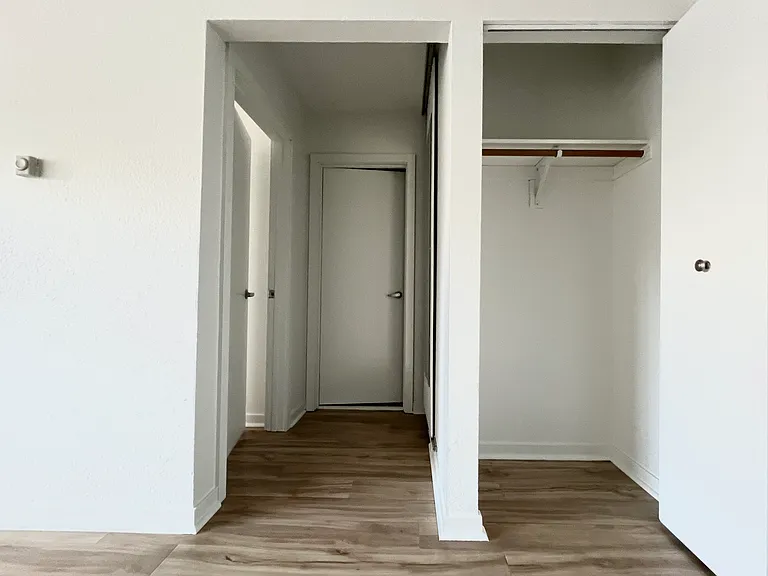Entry closet and hallway to bathroom/bedroom -view from entryway.