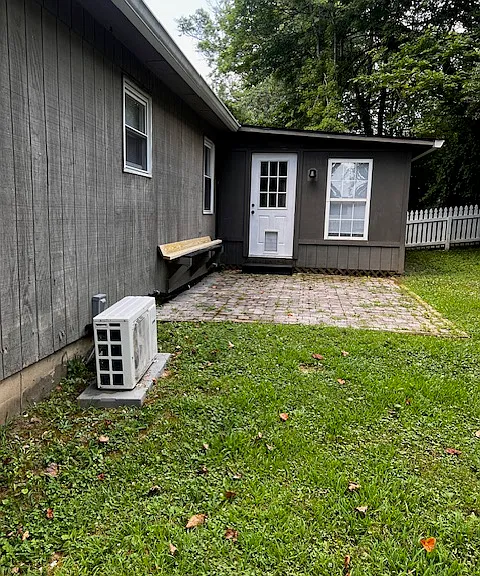 Back yard; back door into family room