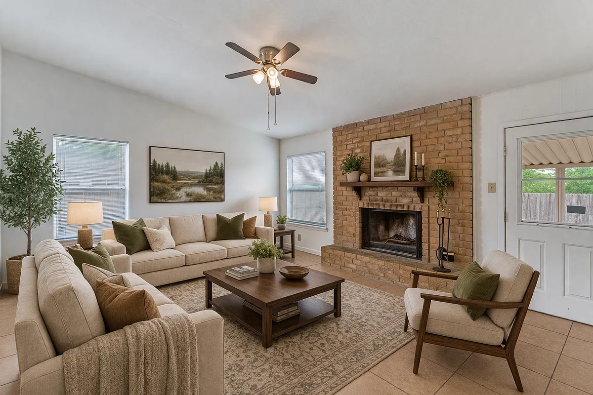 Large living room with gas fireplace (virtually staged) - 5326 Rambowllette Dr