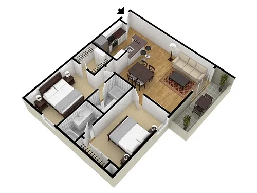 Floor plan 2 Bed 2 Bath 891 Sqft