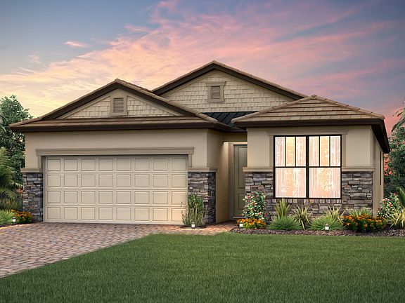 The Fox Hollow, a single-story family home with a 2 car garage, shown with Home Exterior C2B