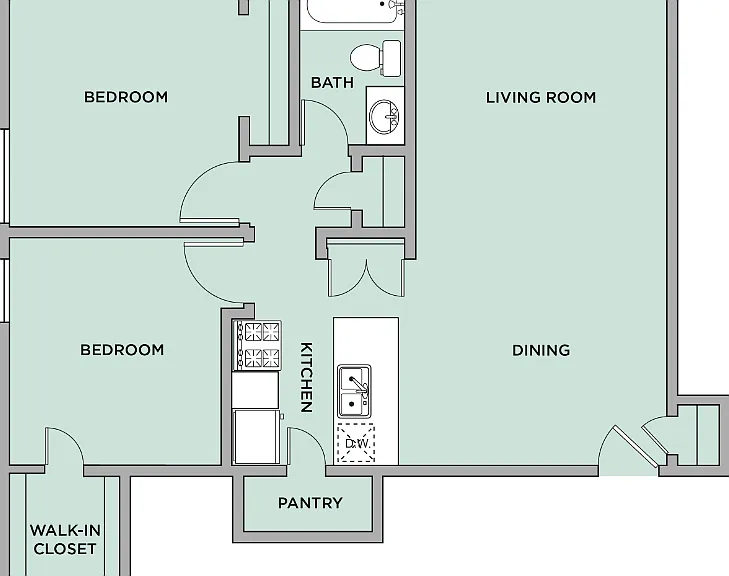 2 Bed 1 Bath Floorplan Diagram