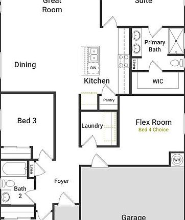 A view of the Yarrow floorplan, 2 car garage and living area of the Yarrow floorplan