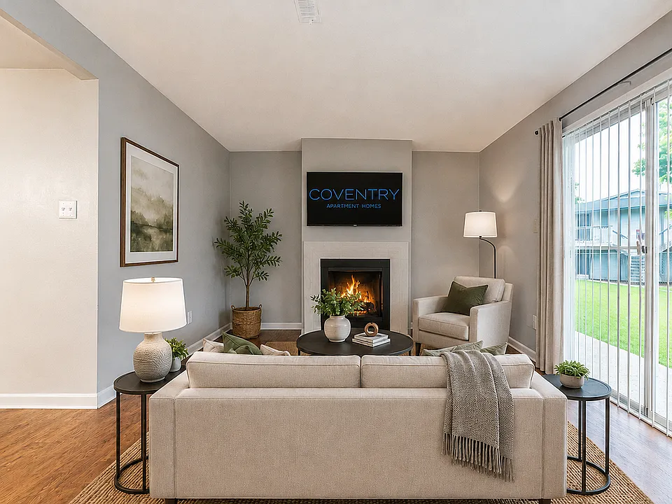 Spacious living room with hardwood-style flooring