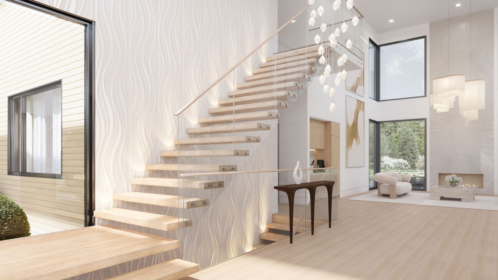  A floating staircase framed by custom wall detailing, soft illumination, and expansive glazing. 