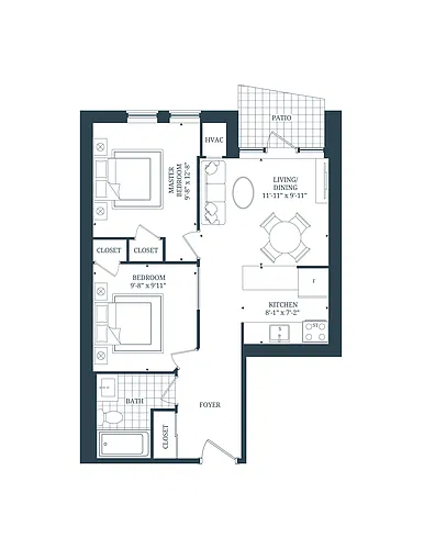 Floor plan 2 Bedroom 2 Bed 1 Bath 12