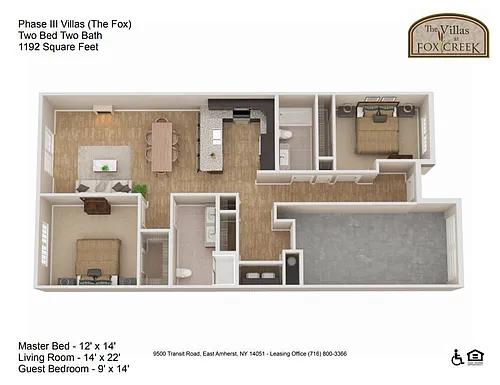 Floor plan Fox Villa - 2 Bedroom, 2 Bath - 1192 Square Feet
