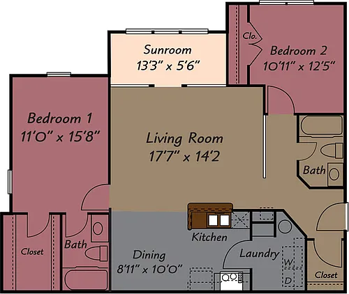 Floor plan 2 Bedroom 2 Bath with Sunroom